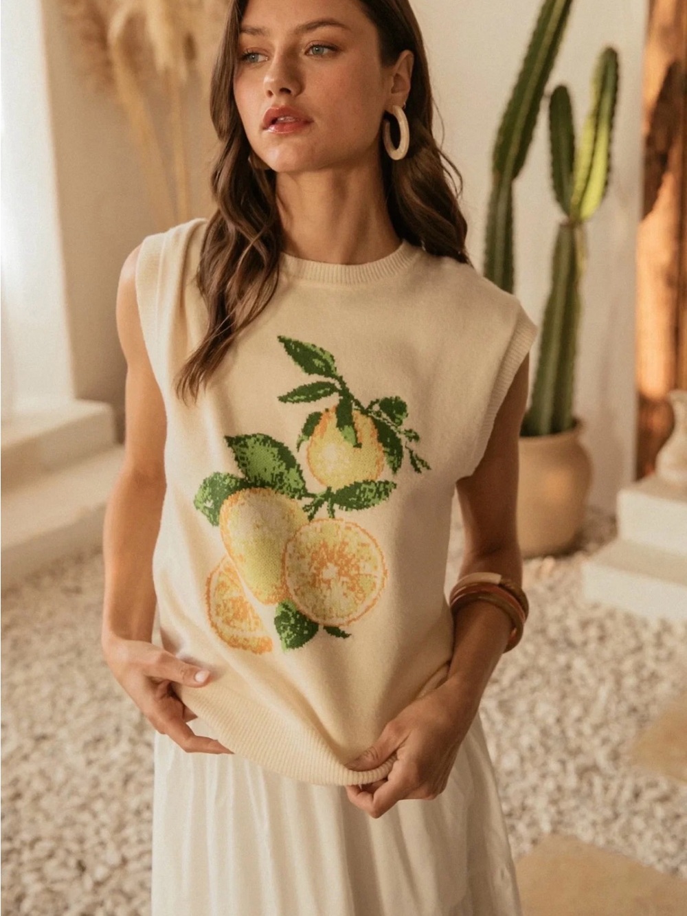Skies Are Blue Cream Sleeveless Fruit-Print Knit Top